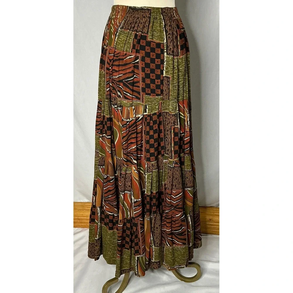Silk‎ Stop Originals Boho Patchwork Maxi Skirt Brown Green Earth Tones Size S